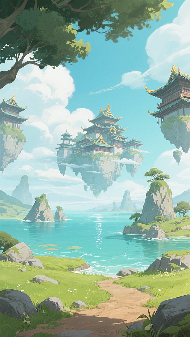 二次元手绘风格游戏场景，明亮清新的蓝绿色调，柔和的自然光从云层间隙洒落，前景是错落有致的青草地与灰褐色岩石小径，中景为波光粼粼的水面环绕着嶙峋岛屿，远景是悬浮在空中的中式古典建筑群，飞檐翘角点缀金色装饰，整体构图采用低视角仰拍营造空间纵深感，画面充满宁静悠远的仙侠氛围，细节处可见流畅的线条勾勒与平涂色彩过渡，无文字信息。