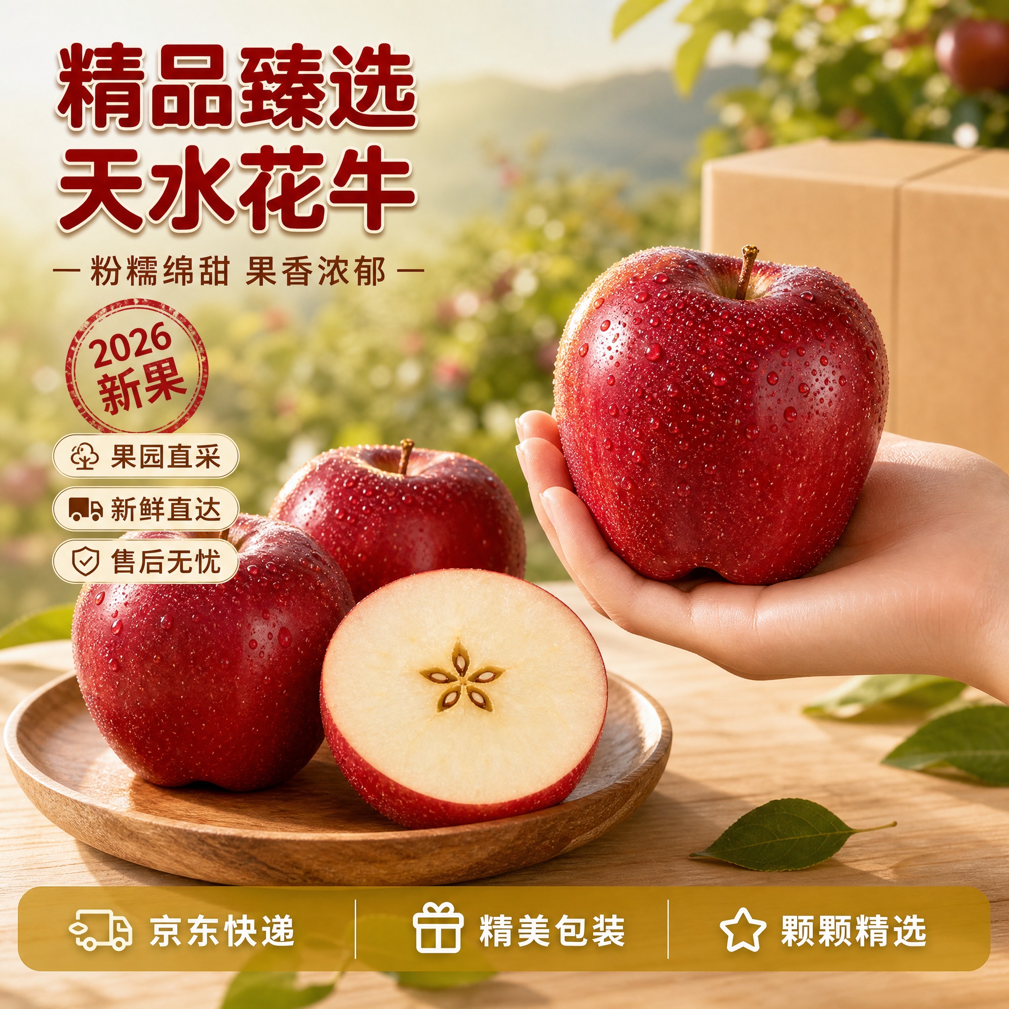 [主图-3修正] 版本3·手托+横切：天水花牛苹果精品主图，京… - 图片创意预览