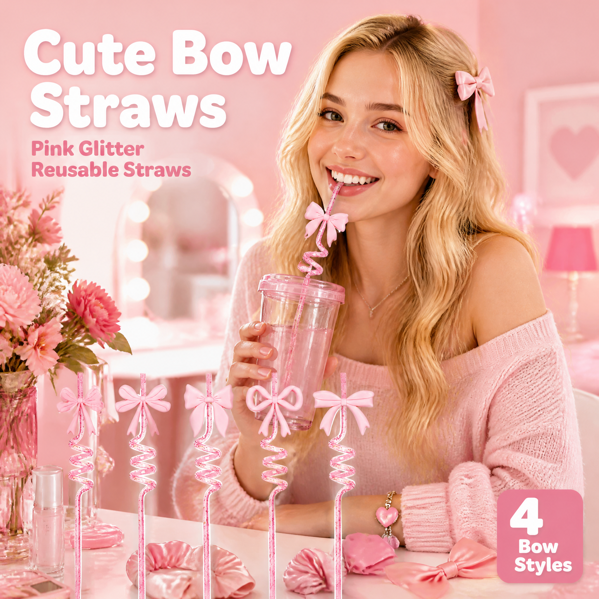 [主图-1] Pink Bow Glitter Curly S… - 图片创意预览