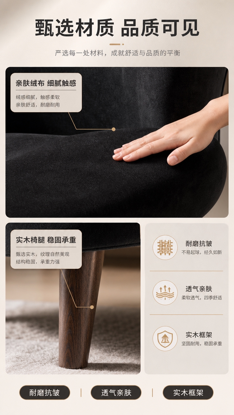 [商品] 使用【图1】黑色绒布单人休闲椅；保留黑色绒布面料、实… - 图片创意预览