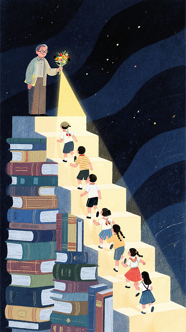 老师捧花引领，学生攀登书山