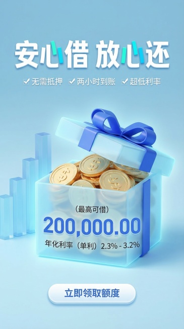 这是一张个人信贷场景的竖版借款服务海报，清新科技感3D插画风格。背景为浅湖蓝渐变，中央是半透明浅湖蓝礼盒，礼盒用宝蓝色丝带装饰，内部装满金色美元金币，金币从礼盒中溢出，左侧有半透明浅湖蓝柱状图。顶部居预览效果