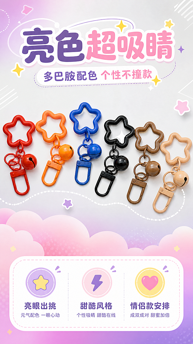 [商品] 使用【图2】【图7】亮色+深色系门扣铃铛星星钥匙扣（红/橙/宝蓝/黑/咖啡等）；保留各款结构、颜色和材质；商品处理：保持比例形状不变，增强亮色饱和度和深色质感。
[画面] 页面目标：亮色个性色系专场，突出个性酷感与多巴胺风格。构图：上半部分6个亮深色系钥匙扣呈波浪形排列，色彩跳跃有活力；背景为浅灰渐变+几何线条点缀，整体活泼有个性；下半部分为文案区。
[视觉] 套系策略：风格=拼多多萌系少女风商业摄影；标题字=圆润粗黑圆角体；正文字=软萌圆角无衬线体；主色=马卡龙粉紫渐变；背景延展=基于粉紫做上下渐变、同色系云朵/星星/圆点装饰，软萌弥散质感；强调色=亮黄色，仅用于小面积标签、图标和高亮；标题色=深粉紫；正文色=中紫灰；组件=圆角白底信息卡、虚线引线、软萌小图标；光影=顶部柔光，产品下方有柔和投影，整体明亮通透。
[文字] 顶部主标题"亮色超吸睛"，副标题"多巴胺配色 个性不撞款"；下方三个圆角标签："亮眼出挑"、"甜酷风格"、"情侣款安排"；文字全部横排，字号保证手机端清晰可读。
[规格] 图片比例9:16竖版，分辨率4K，避免变形、错字、文字过小、颜色失真、结构缺失、冷灰背景、工业感排版。