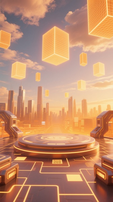 数字艺术风格的城市风光，画面整体采用明亮的橙黄色调营造温暖活力的氛围，天空中漂浮着带有网格纹理的云彩，远处是轮廓分明的现代化城市建筑群，中央是一个圆形的科技感平台，地面布满发光的几何线条和方形图案，平台两侧有对称的未来感装置，空中悬浮着多个发光的长方形立方体，整体画面呈现出清晰的构图层次和柔和的光影效果，没有LOGO、电话地址及二维码等元素。预览效果