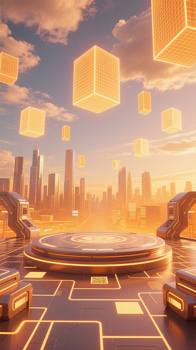 数字艺术风格的城市风光，画面整体采用明亮的橙黄色调营造温暖活力的氛围，天空中漂浮着带有网格纹理的云彩，远处是轮廓分明的现代化城市建筑群，中央是一个圆形的科技感平台，地面布满发光的几何线条和方形图案，平台两侧有对称的未来感装置，空中悬浮着多个发光的长方形立方体，整体画面呈现出清晰的构图层次和柔和的光影效果，没有LOGO、电话地址及二维码等元素。