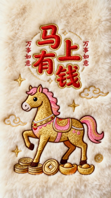 一幅以发财为主题的半边绒刺绣壁纸，整体采用米白色毛绒布料为背景，主体是一只色彩鲜艳的卡通风格金色骏马，并点缀金、粉色渐变装饰，马的脚下绣有元宝、铜钱等元素。上方是红色的“马上有钱”二字，采用圆润可爱的预览效果