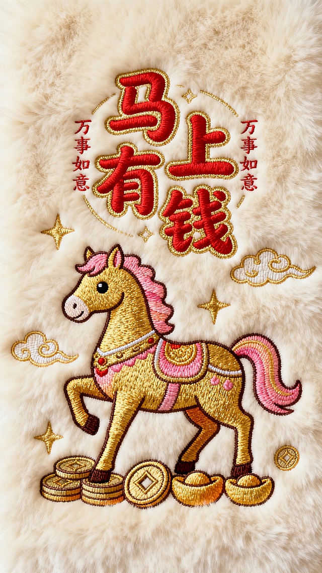 刺绣风国潮设计，卡通马踏金元宝，大字“马上有钱”喜庆亮眼，云纹星点点缀，寓意万事如意，春节氛围浓厚。