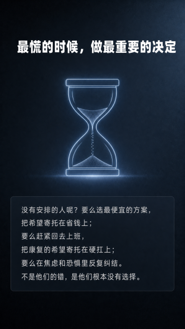 内容页，深灰或冷蓝冷色调背景，中央放置一个沙漏图标，传达紧迫感，上方放置标题文字"最慌的时候，做最重要的决定"，下方放置说明文字"没有安排的人呢？要么选最便宜的方案，把希望寄托在省钱上；要么赶紧回去上预览效果
