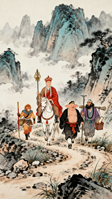 西游记主题海报，展现师徒四人一路取经的前行历程，传递不畏艰险坚持信念的意境，融合中国传统工笔画风格，构建东方西游视觉美学，设计独特小众，艺术感高级，无多余文字，视觉冲击力强预览效果