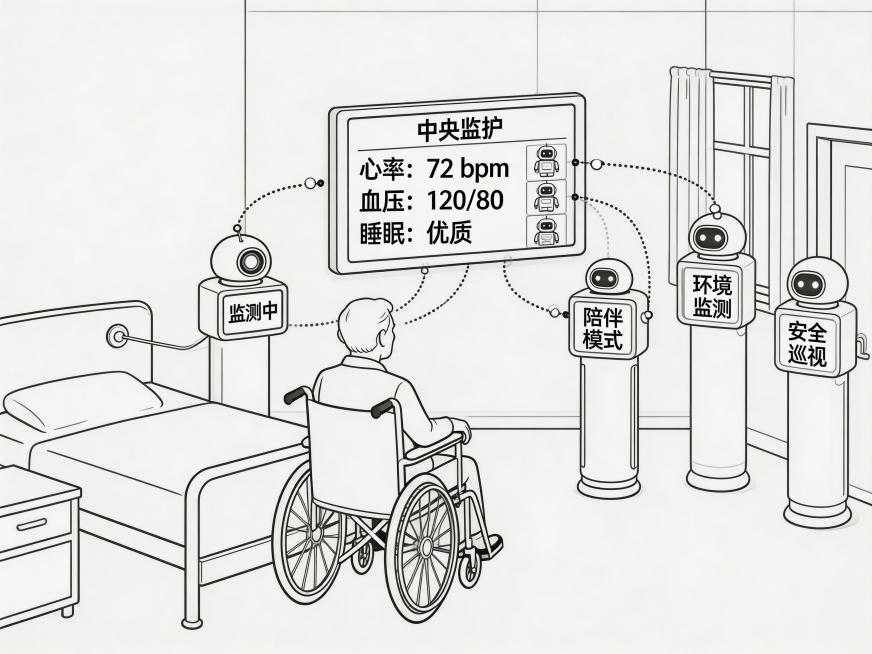 简约线描风格，黑白单色线条插画，无填充色，仅保留清晰轮廓与结构，无阴影，仅轮廓线。画面主体为养老社区房间，布局温馨功能分区明确：房间左侧有病床，床头有呼叫按钮与生命体征监测线；房间中央老人坐在轮椅上，预览效果