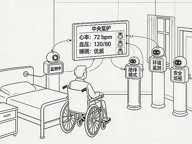 简约线描风格，黑白单色线条插画，无填充色，仅保留清晰轮廓与结构，无阴影，仅轮廓线。画面主体为养老社区房间，布局温馨功能分区明确：房间左侧有病床，床头有呼叫按钮与生命体征监测线；房间中央老人坐在轮椅上，面前有中央监护屏，屏幕显示心率、血压、睡眠状态等健康数据，还有多个小型机器人图标通过虚线光点与屏幕联动；房间内有4台功能不同的机器人：床边的机器人镜头对准老人，屏幕显示“监测中”；轮椅旁的机器人屏幕显示“陪伴模式”；窗边的机器人屏幕显示“环境监测”；门口的机器人屏幕显示“安全巡视”；所有机器人通过细线光点网络与中央监护屏连接，象征数据互联与远程监护；背景是极简墙面、窗帘、床头柜，无多余装饰。整体构图平衡，科技感与人文关怀并存，突出智能监护、多机协同、安全陪伴概念，超高清细节。