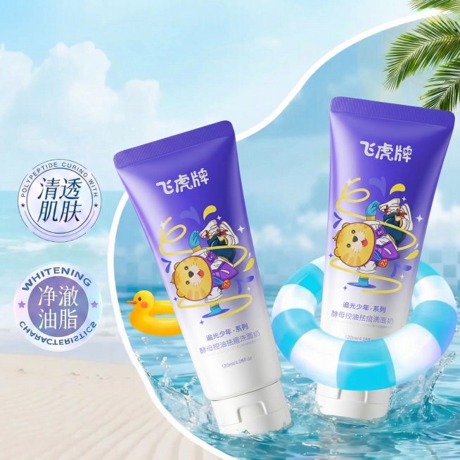 将图1中的两支浅蓝色洗面奶替换为图2中的飞虎牌紫色洗面奶，保持背景、小黄鸭、游泳圈、文字标签等其他元素不变预览效果