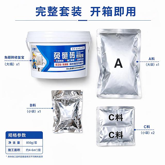 [主图-5] 瀛麒免砸砖修复宝包装清单规格展示
[氛围风格] 清晰规整，Knolling平铺展示
[画质] 商业摄影质感、光线柔和通透、产品清晰真实、画面干净高级
[元素] 白色背景，所有产品平铺排列：大桶免砸砖修复宝、大袋A料、小袋B料、两袋C料，每个产品旁用引线标注名称和数量；左侧加简单规格参数，标注净含量、施工面积；所有产品保持原外观、颜色、结构与输入图一致，无变形色差；排列整齐清晰，一目了然
[光影] 均匀顶光，每个产品都清晰展示，阴影柔和不杂乱
[配色] 白底，蓝色引线和文字，产品本身颜色自然呈现，简洁清晰
[视角构图] 平铺俯视，所有产品都完整展示，没有遮挡，排列疏朗
[文字版式] 顶部标题“完整套装 开箱即用”，每个产品旁标注名称，左下角规格参数文字整齐清晰
[输出要求] 1:1比例，文字清晰可辨，超高清商业摄影质感
[负向提示词] 变形，文字错乱，产品图模糊，背景杂乱，水印，电商平台Logo