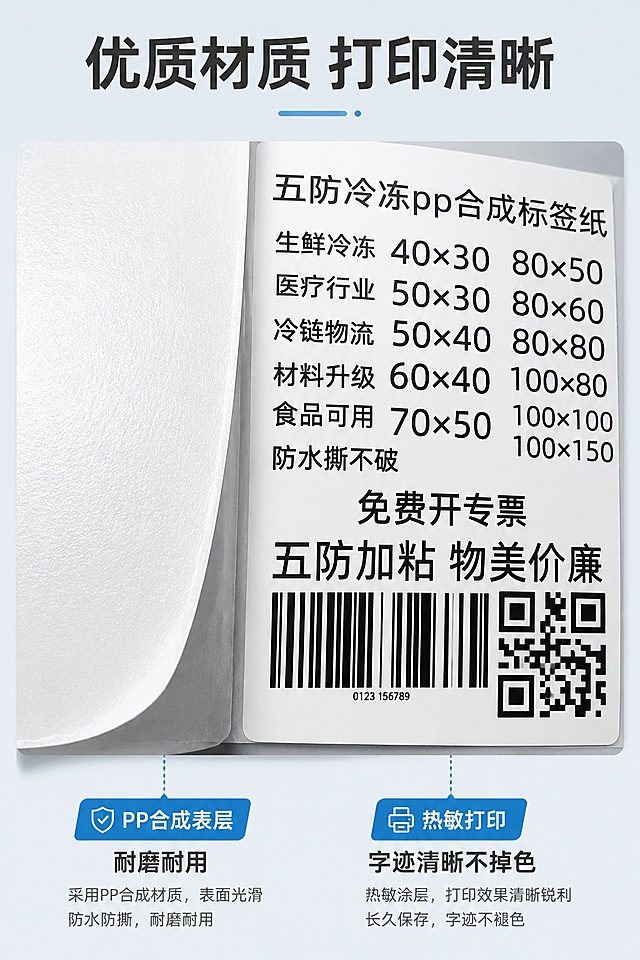 [第7屏] 材质细节微距展示，放大呈现五防冷冻热敏标签纸的材质与打印效果。本屏使用【图1】的标签区域放大展示细节。
[氛围/风格] 微距特写展示，清晰呈现材质肌理，专业质感风格。
[元素布局] 主体放大占画面约70%，放置在画面中心；左侧展示标签纸面材质，右侧展示打印后文字条形码细节；底部增加文字说明，分别介绍表层PP合成材质和清晰打印效果。保留原标签文字、条形码信息和材质纹理与原图一致。
[光影质感] 侧光打光，突出材质肌理和纸面厚度，阴影自然，纹理清晰可见，细节丰富。
[配色色系] 全局底色 #F0F4F8；主色深灰色，辅助浅蓝色块标注细节要点。
[视角构图] 中心特写视角，微距构图，突出细节质感。
[文字版式] 顶部主标题「优质材质 打印清晰」，左下标注「PP合成表层 耐磨耐用」，右下标注「热敏打印 字迹清晰不掉色」，文字不遮挡主体细节，字号适中，移动端清晰可读。
[比例分辨率] 9:16 竖版比例，4K分辨率，文字清晰可辨，高清画质。
[负向提示词] 细节模糊，文字失真，产品变形，水印，颜色偏差，背景杂乱