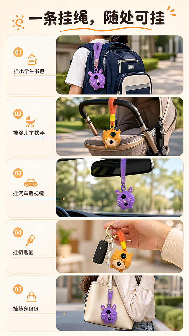 [商品] 使用【图1】中的紫色兔子款与橙色猫款卡通挂式儿童记录仪，分别出现在五个生活场景中；每格都清晰保留机身结构、比例、颜色、卡通五官、金属挂扣与毛绒挂绳，不改造型不变色、不改变朝向逻辑（挂绳朝上、自然垂坠）。
[画面] 目标：应用场景拼图，证明“一条挂绳随处可挂”。竖版五格拼图，自上而下：①紫色款挂在亚洲小学生的双肩书包肩带上 ②橙色款挂在婴儿车扶手上，背景有柔和户外光 ③紫色款挂在汽车车内后视镜旁 ④橙色款与钥匙圈同挂、手部轻握 ⑤紫色款挂在亚洲年轻女生的手提包包带上。每格真实环境、透视与接触阴影自然，产品在每格中清晰占位约30%。
[视觉] 套系策略：风格=萌趣儿童数码清新商业摄影；标题字=圆润现代中黑粗体；正文字=简洁清晰黑体；主色=奶白杏（#FFF6EC）；背景延展=基于奶白杏做深浅层级、同色渐变与细腻纸纹/磨砂质感；强调色=橘子橙（#F5A03C），仅用于小面积图标、引线、标签和局部光效；标题色=深咖褐（#3B3129）；正文色=暖灰褐（#8A7B70）；组件=圆角奶白信息卡、细线引线、圆形标签；光影=左前侧柔和暖光+柔和接触阴影+背景渐变光晕。
[文字] 主标题“一条挂绳，随处可挂”；五格标签“挂小学生书包”“挂婴儿车扶手”“挂汽车后视镜”“挂钥匙圈”“挂随身包包”。全部横向排版，不遮挡产品。
[规格] 竖版9:16（1080×1920），4K，避免变形、错字、文字过小、真实二维码、条形码、水印、平台Logo、冷蓝/蓝灰成为主色、改变产品结构与配色、手指畸形。