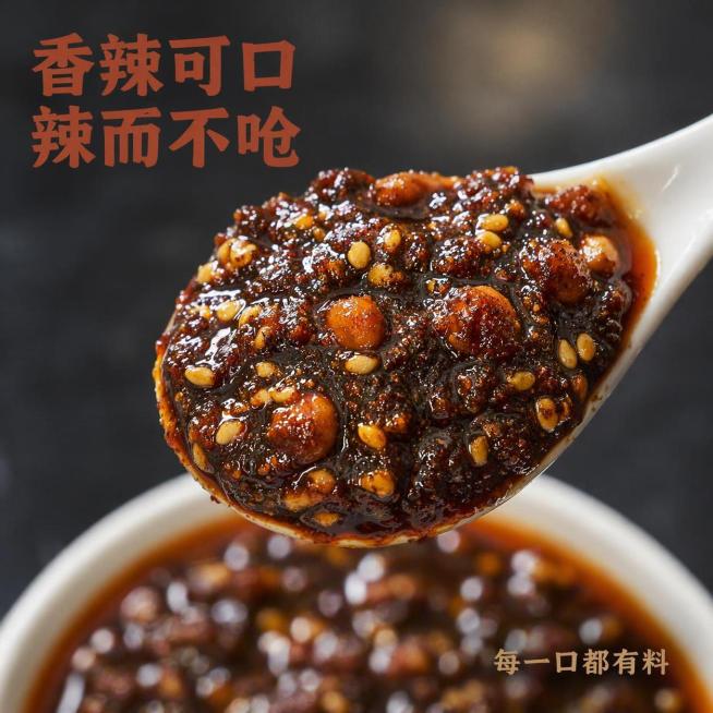 [主图-9] 鼎香坊精品辣酱质感特写，白瓷勺舀起展示；
[氛围风格] 细腻颗粒，浓郁诱人；
[画质] 微距超清摄影，细节清晰，油润质感真实；
[元素] 白瓷勺舀起满满一勺辣酱，聚焦展示酱体中饱满的芝麻预览效果