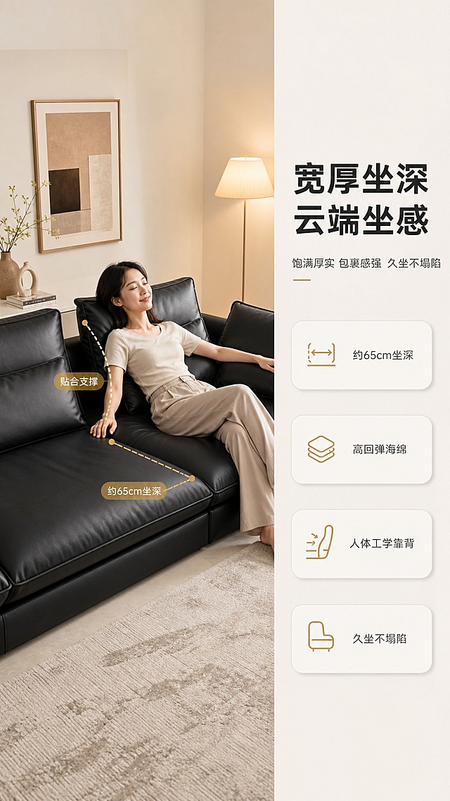 [商品] 使用【图1】黑色L型转角沙发；保留方正箱体结构、宽厚坐垫、皮质质感、整体比例和颜色；增强坐垫饱满度和柔软质感表现。
[画面] 目标：展示宽厚坐深与饱满坐感，真人坐靠体验。构图：右文左景竖版布局，左侧2/3为场景+人物，右侧1/3为文案区；一位亚洲年轻女性自然坐靠在沙发转角处，身体微微后倾，双手搭在扶手上，表情放松舒适；沙发占画面约60%，侧面微俯角度；前景浅色地毯，中景沙发+人物，后景简约背景墙+装饰画+暖光落地灯；用虚线弧线标注坐垫包裹感和靠背支撑曲线。
[视觉] 套系策略：风格=现代轻奢亮色调商业家居摄影；标题字=现代无衬线粗体中文；正文字=简洁无衬线体；主色=暖白+浅灰；背景延展=基于暖白/浅灰做深浅层级、同色渐变和细腻墙面质感；强调色=暖金色，仅用于小面积图标、引线、标签和弧线标注；标题色=深炭黑；正文色=中暖灰；组件=圆角浅底信息卡、细线引线、金色点缀图标；光影=左侧暖柔自然光+右侧补光，人物面部光线柔和。
[文字] 右侧文案区：主标题"宽厚坐深 云端坐感"（8字），副标题"饱满厚实 包裹感强 久坐不塌陷"（14字）；下方4个卖点标签："约65cm坐深"、"高回弹海绵"、"人体工学靠背"、"久坐不塌陷"；画面中用金色虚线标注坐深尺寸和靠背曲线；文字全部横向排版，不遮挡人物面部和沙发主体。
[规格] 图片比例9:16竖版，4K，避免变形、错字、文字过小、冷蓝背景、沙发颜色改变、结构失真、极限词、人物面部模糊。