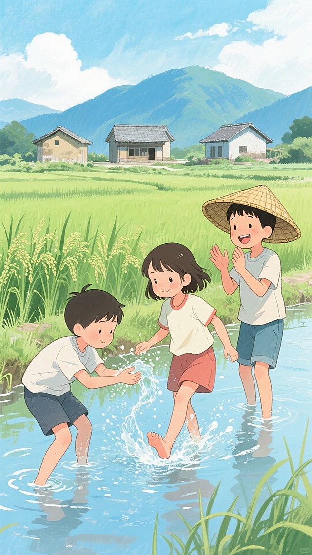 日式动漫风格田园插画，3个8岁小孩，左侧男孩弯腰泼水，中间女孩赤脚踢出水花，右侧男孩手鼓掌。佩戴竹编斗笠，穿着短袖和五分裤，在浅水田间嬉戏。背景为嫩绿色稻苗田，远处有三座民居，蓝色山脉和云