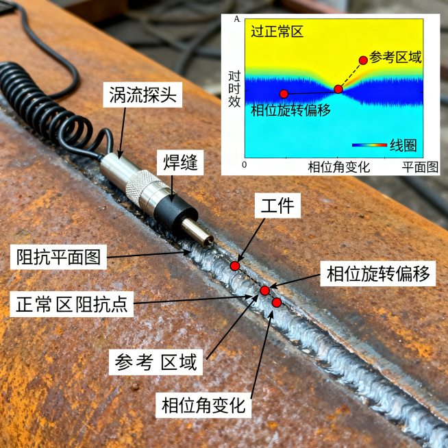 涡流检测热影响区原理图，涡流探头沿焊缝两侧扫查，包含线圈、工件、阻抗平面图，展示正常区阻抗点位于参考区域，过时效区阻抗点发生相位旋转偏移，体现根据相位角变化判断过时效的原理，科学示意图风格，清晰标注各预览效果