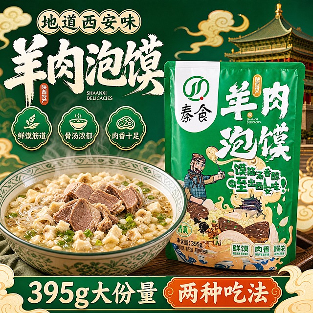 羊肉泡馍电商主图，1:1方图。绿色包装袋放在一碗热气腾腾的羊肉泡馍旁边，碗里有馍粒羊肉粉丝葱花，汤汁油亮有食欲。绿色渐变背景，有祥云和西安钟楼剪影国潮元素。左侧大字标题地道西安味 羊肉泡馍，下面三个小卖点：鲜馍筋道 骨汤浓郁 肉香十足。底部通栏写395g大份量 两种吃法。国潮美食风，翠绿色主色调，暖橙黄点缀，与详情页风格统一。文字横排清晰可读。