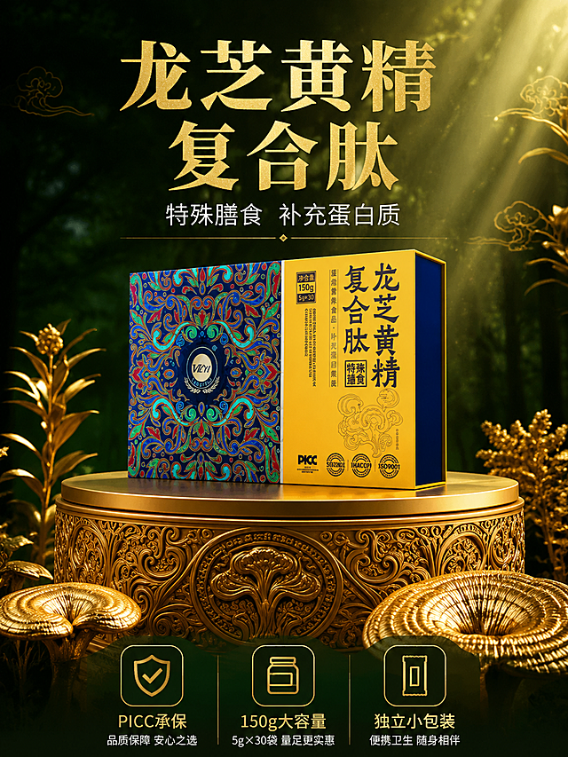 [第1张] 详情页头图-龙芝黄精复合肽特殊膳食礼盒主视觉海报。本张使用【图1】作为商品主体。
[氛围/风格] 中式轻奢风，深林秘境鎏金质感，高端养生礼盒调性，商业摄影质感。
[元素布局] 产品礼盒置于画面中下部金色雕花展台上，占比约55%；礼盒左侧为深蓝色国潮缠枝纹面，右侧为金黄色产品名面，正面45度斜侧展示；前景有金色灵芝、金色植物叶片装饰，背景为深绿色森林虚化场景，阳光从林间穿透形成丁达尔效应；画面上方有淡淡的金色祥云纹样点缀。保持产品礼盒外观（物理结构、材质质感、颜色色号、包装纹样与文字）与输入产品图完全一致，杜绝变形和色差。
[光影质感] 右上方暖金色主光照射，礼盒金色面有明亮高光，深蓝色面有细腻纹理光泽，底部展台有柔和投影，整体通透高级，明暗层次丰富。
[配色色系] 全局底色 #1A3A2A 深森林绿；主色鎏金 #D4AF37；辅助色深蓝藏青、墨绿。
[视角构图] 微仰视45度角，产品为视觉中心，阅读动线从上标题 → 中部产品 → 底部卖点。
[文字版式] 顶部居中排版，主标题「龙芝黄精 复合肽」，金色宋体加粗，字号最大，有轻微鎏金光泽效果；副标题「特殊膳食 补充蛋白质」，白色细宋体，字号约为一半；标题下方一条细金色分隔线。底部横向排列三个金色圆角图标加文字，从左到右：「PICC承保」「150g大容量」「独立小包装」，图标在上文字在下，白色小字说明。文字均不遮挡产品主体。
[比例分辨率] 3:4 竖版比例，4K 分辨率，文字清晰可辨，高清画质。
[负向提示词] 变形，水印，文字错乱，文字过小，缺件错件，结构错误，颜色偏差，包装文字错乱，产品图模糊，背景杂乱，电商平台Logo。