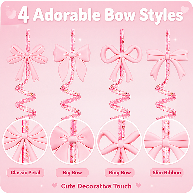 [主图-7] Pink Bow Glitter Curly Straws Set - Detail Close-up 1 (Bow Detail)
[统一基调] 甜美少女风 粉色系主视觉 浅粉渐变背景 白色主标题字 深粉辅助字色 圆润无衬线粗体字 卡片圆角柔边 整体明亮通透 跨境电商信息图风格
[画面] 细节特写图1 聚焦蝴蝶结装饰细节 4款不同造型的粉色蝴蝶结放大展示在画面中央 分别是经典花瓣蝴蝶结 大蝴蝶结 圆环蝴蝶结 简约长飘带蝴蝶结 每款都有局部放大圆窗展示材质纹理 蝴蝶结是哑光粉色软胶材质 表面细腻 安装在闪粉吸管顶部 产品外观颜色结构与输入图完全一致 产品占画面约70%
[光影质感] 侧逆光突出材质质感 蝴蝶结哑光质感清晰 边缘圆润 吸管闪粉通透闪亮 微距细节清晰 整体精致
[配色] 背景浅粉色渐变 蝴蝶结哑光粉色 吸管透明粉色+金色闪粉 标题白色粗体 辅助文字深粉色
[文字版式] 顶部大标题 "4 Adorable Bow Styles" 白色粗体大字 每个蝴蝶结下方有小标签 "Classic Petal" "Big Bow" "Ring Bow" "Slim Ribbon" 深粉色字 底部小字 "Cute Decorative Touch" 深粉色 文字清晰
[输出要求] 1:1比例 2048x2048 细节清晰 材质质感真实 文字清晰可读 无变形 无错字 无水印 无平台Logo