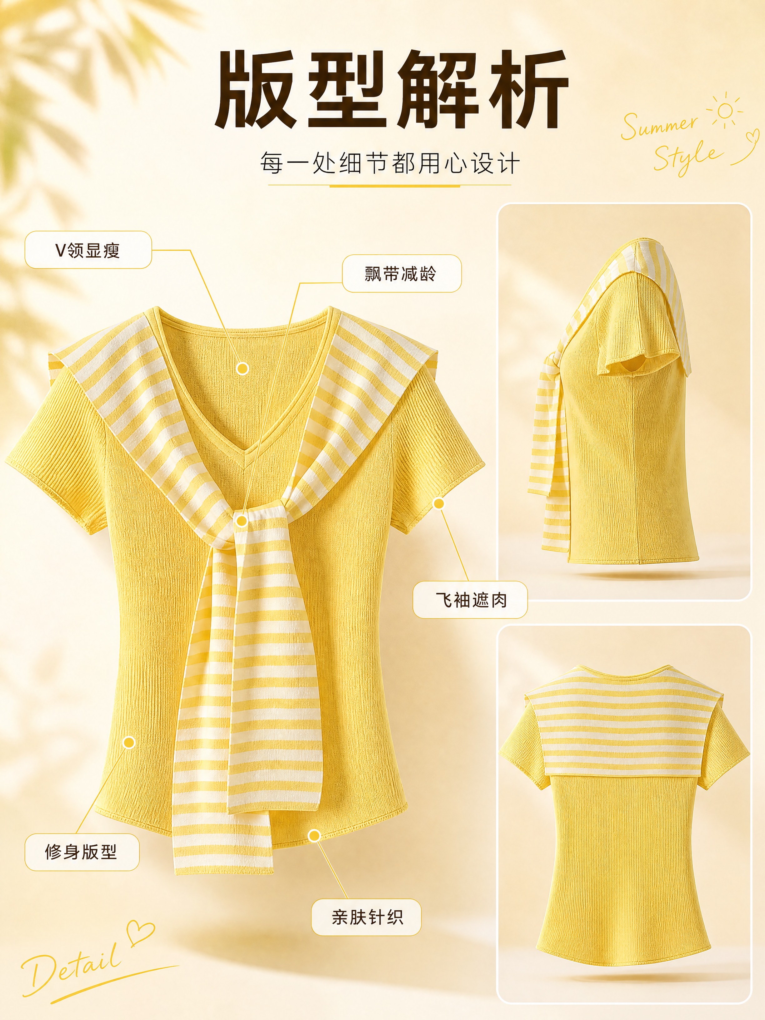 [商品] 使用【图1】黄色V领条纹飘带短袖针织上衣；商品处理：… - 图片创意预览