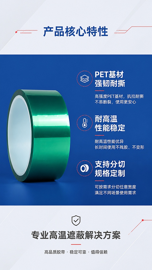 [第5屏] 详情页产品特性宽幅蓝栏 — PET绿色高温胶带三大亮点介绍。本屏使用【图1】产品侧面展示。
[氛围/风格] 简约工业风，宽幅视觉冲击，精密高端感。
[元素布局] 画面中部为宽幅工业蓝色块横贯画面，蓝色块内左侧展示一卷绿色高温胶带侧视特写，颜色光泽卷绕结构与输入图一致；蓝色块右侧为三大特性文字区；蓝色块上下为浅灰白色背景区域，顶部有小标题，底部有补充说明；红色细线装饰元素点缀。
[光影质感] 胶带在蓝色背景衬托下高光泽反光明显，侧光打亮胶带边缘层次，整体对比强烈，视觉冲击力强。
[配色色系] 全局底色#F5F7FA（浅灰白）；主色块#1E5AA8（工业蓝）宽幅栏；文字白色+工业蓝；点缀色#E53935红色装饰线。
[视角构图] 侧面视角，胶带位于蓝栏左侧，文字在右侧，横向阅读动线。
[文字版式] 顶部小标题「产品核心特性」工业蓝字；宽幅蓝栏内右侧三大亮点竖排：「PET基材 强韧耐撕」「耐高温 性能稳定」「支持分切 规格定制」，每条白色粗体大字+白色小字补充说明；底部补充说明文字「专业高温遮蔽解决方案」深灰色；所有文字短句化，清晰有力。
[比例分辨率] 9:16竖版比例，4K分辨率，文字清晰可辨，高清画质。
[负向提示词] 胶带变形，颜色偏差，水印，文字错乱，文字过小，蓝栏颜色不均，五金残留文字。