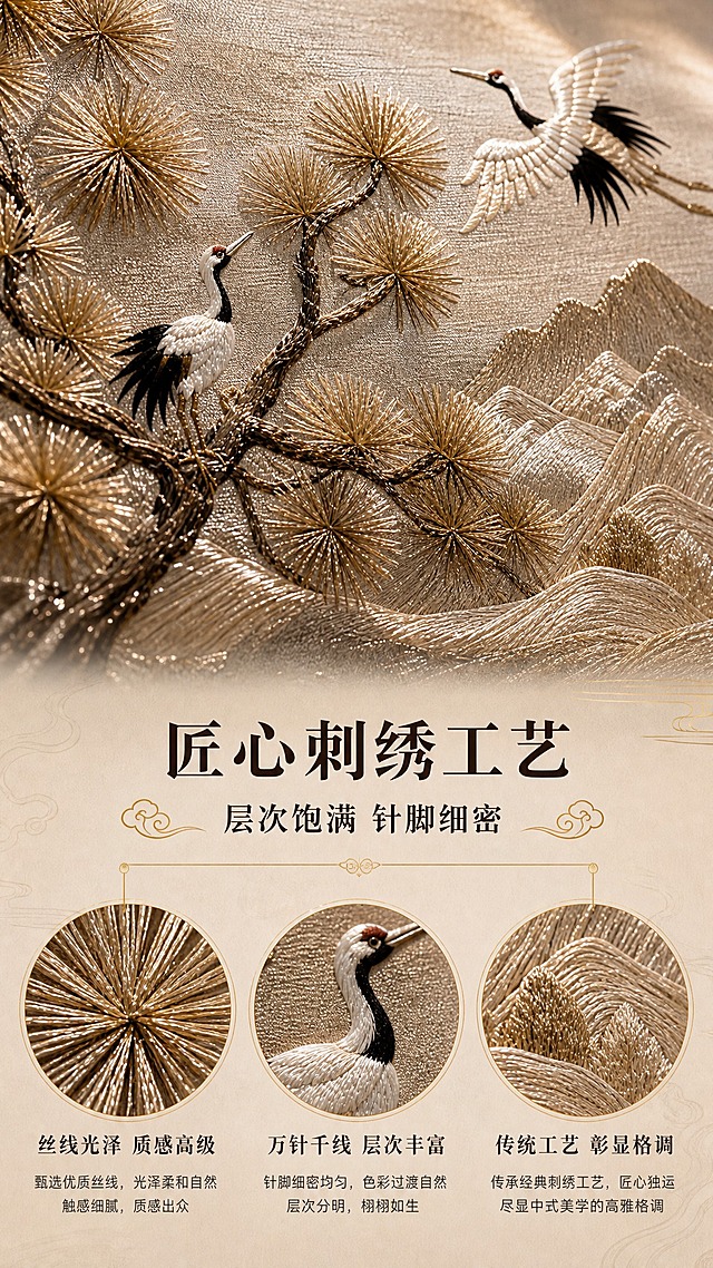 [商品] 使用【图4】下半部分松鹤刺绣特写作为基础；保留松针、仙鹤、山水的刺绣图案结构、米棕金配色、丝线材质；放大刺绣细节，增强丝线光泽感和肌理立体感。
[画面] 目标：展示刺绣工艺细节，突出层次饱满、针脚细密、丝线光泽。构图：上40%为刺绣大面积微距特写，松针根根分明，仙鹤羽毛丝线层次清晰，山水纹理层层递进；下60%为工艺说明区，配3个局部放大圆窗分别展示针脚、丝线光泽、层次感。主体刺绣占画面70%，前景刺绣纹理、中景图案层次、后景柔化过渡。
[视觉] 套系策略：风格=新中式高端雅致商业摄影；标题字=宋体衬线粗体；正文字=简洁黑体；主色=米棕+深木色；背景延展=基于米棕咖色做深浅层级、同色渐变和细腻宣纸/木纹质感；强调色=暗金色，仅用于小面积图标、引线、标签和装饰线条；标题色=深棕黑；正文色=暖深灰；组件=圆形放大窗、细金线引线、中式云纹装饰；光影=侧45度暖光打亮刺绣凸起部分，形成明暗对比，凸显丝线光泽和立体肌理。
[文字] 主标题"匠心刺绣工艺"，副标题"层次饱满 针脚细密"，3个工艺点："丝线光泽 质感高级""万针千线 层次丰富""传统工艺 彰显格调"；文字分布在特写周围，用引线指向对应细节区域，所有文字横向排版。
[规格] 图片比例9:16竖版，分辨率2K，避免变形、错字、文字过小、刺绣图案失真、材质表现虚假。
