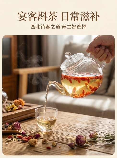 主图主题：枸杞食用场景展示
氛围/风格：温馨生活氛围感，自然质感
画面元素：透明玻璃茶壶泡着枸杞茶，茶水清澈透亮，枸杞在茶汤中舒展，茶水正倒入玻璃品茗杯，背景为木质茶桌点缀干花装饰，整体氛围自然闲适，预览效果