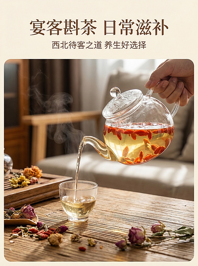 主图主题：枸杞食用场景展示
氛围/风格：温馨生活氛围感，自然质感
画面元素：透明玻璃茶壶泡着枸杞茶，茶水清澈透亮，枸杞在茶汤中舒展，茶水正倒入玻璃品茗杯，背景为木质茶桌点缀干花装饰，整体氛围自然闲适，展现日常滋补饮用场景，光影柔和自然
配色色系：主色调：茶汤浅金色、枸杞红色；辅助色：原木棕色、透明玻璃杯光泽
视角构图：平视偏俯视构图，主体突出
文字版式：顶部标题 "宴客斟茶 日常滋补"，副标题 "西北待客之道 养生好选择"，字体简约浅棕色，排版居上留白，不遮挡核心冲茶场景