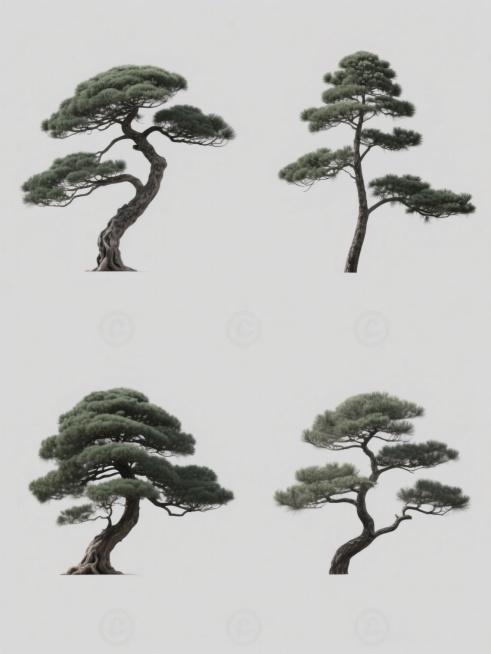 一套4个规整排布的素材，每个素材均为不同样式造型的松树，整体风格简约现代，采用纯色背景，无任何文字、logo和水印。松树造型各异，有的枝干虬曲苍劲，有的挺拔舒展，有的枝叶茂密，有的疏朗有致，均保留了松树的自然形态特征，同时融入现代简约的设计感，画面干净整洁，构图平衡，色彩统一，呈现出一种宁静而雅致的氛围。预览效果