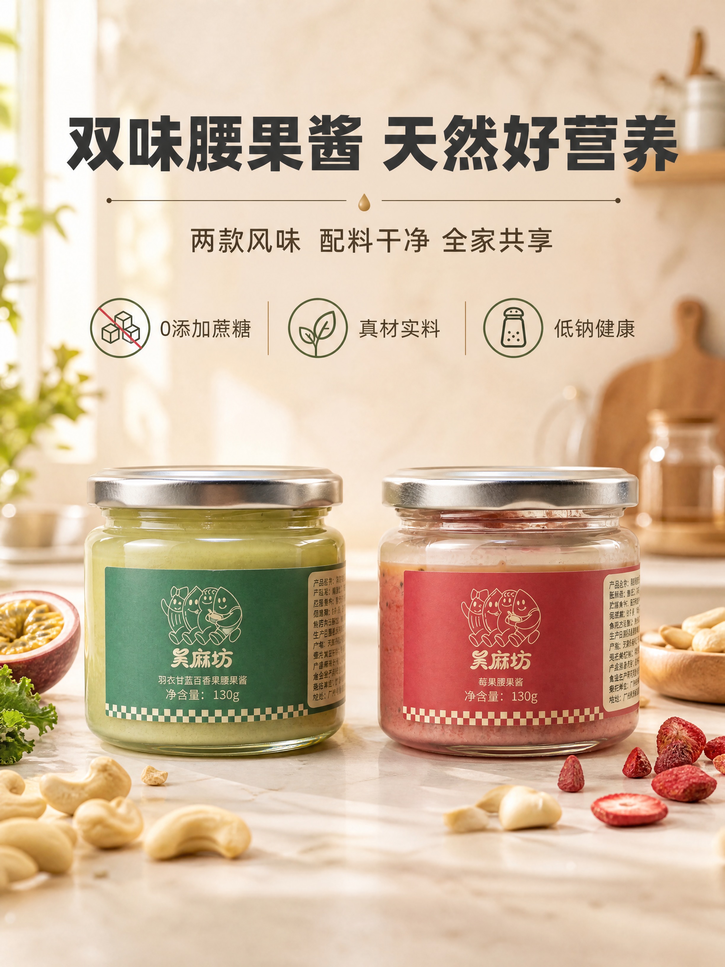 [商品] 使用【图1】两款吴麻坊腰果酱，左瓶绿色标签羽衣甘蓝百… - 图片创意预览