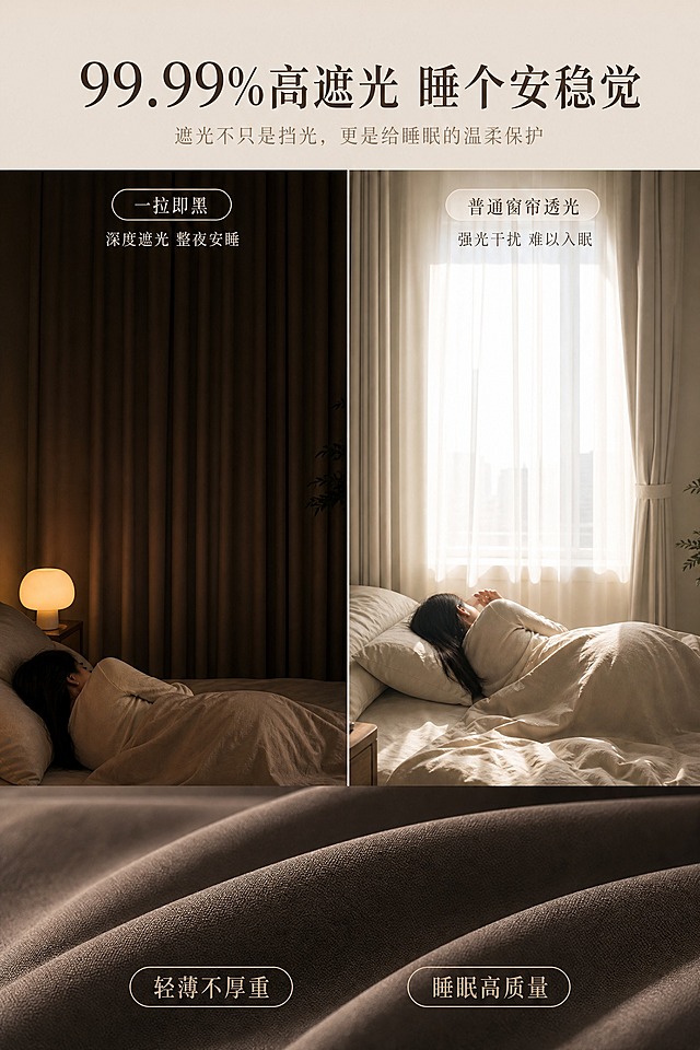 [主图-2] 主题：遮光效果对比与睡眠体验，核心任务是用对比方式证明高遮光带来的高质量睡眠。
[统一基调] 小红书风格，场景化氛围感生活方式，原生感不生硬；整体配色以奶咖色、深咖色、米白色为主，光源柔和暖调；标题用衬线体，主标题字色为深咖色，辅助文字为浅咖色，轻标签用细边圆角胶囊，不用厚重色块底板。
[画面] 卧室睡眠场景，画面左右分栏对比：左侧「拉上窗帘后」，深咖色窗帘完全闭合，室内昏暗柔和，床上有人侧卧安睡（只拍背影与侧脸轮廓，不拍清晰正脸），床头有微弱暖光小夜灯，营造深度睡眠氛围；右侧「普通窗帘」，浅色薄帘透光严重，室外光线刺眼，床上人物辗转反侧。中间用细竖线分隔，两侧窗帘材质与颜色形成明显对比。画面底部是同一款深咖色高遮光窗帘的近景特写，展示面料肌理。人物为亚洲女性，长发，睡姿自然放松。
[光影质感] 商业摄影质感，左侧画面整体偏暗、暖调柔和，体现夜间睡眠环境；右侧画面偏亮、冷白光，体现透光干扰；底部面料特写有均匀柔光，突出织物纹理。
[配色] 主色深咖、奶咖、米白，左侧暖暗调，右侧冷亮调，形成对比但整体协调。
[文字版式] 中上居中版。顶部主标题「99.99%高遮光 睡个安稳觉」，深咖色衬线体大字；左右两栏上方分别标注「一拉即黑」和「普通窗帘透光」，小号文字；底部面料特写旁两个轻标签：「轻薄不厚重」「睡眠高质量」。文字不遮挡人物和窗帘主体。
[输出要求] 比例2:3，文字清晰可读，产品清晰不变形；负向：变形、错字、模糊、杂乱、水印、平台Logo、人物面部扭曲、手指畸形、窗帘悬浮穿模。