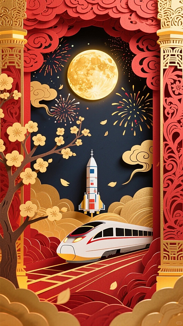 剪纸风与国潮风融合，撕纸艺术呈现中式门框内的梦幻夜景，高铁与火箭共现，喜庆烟花映衬满月，科技感与传统元素交织，超现实主义展现节日新貌。