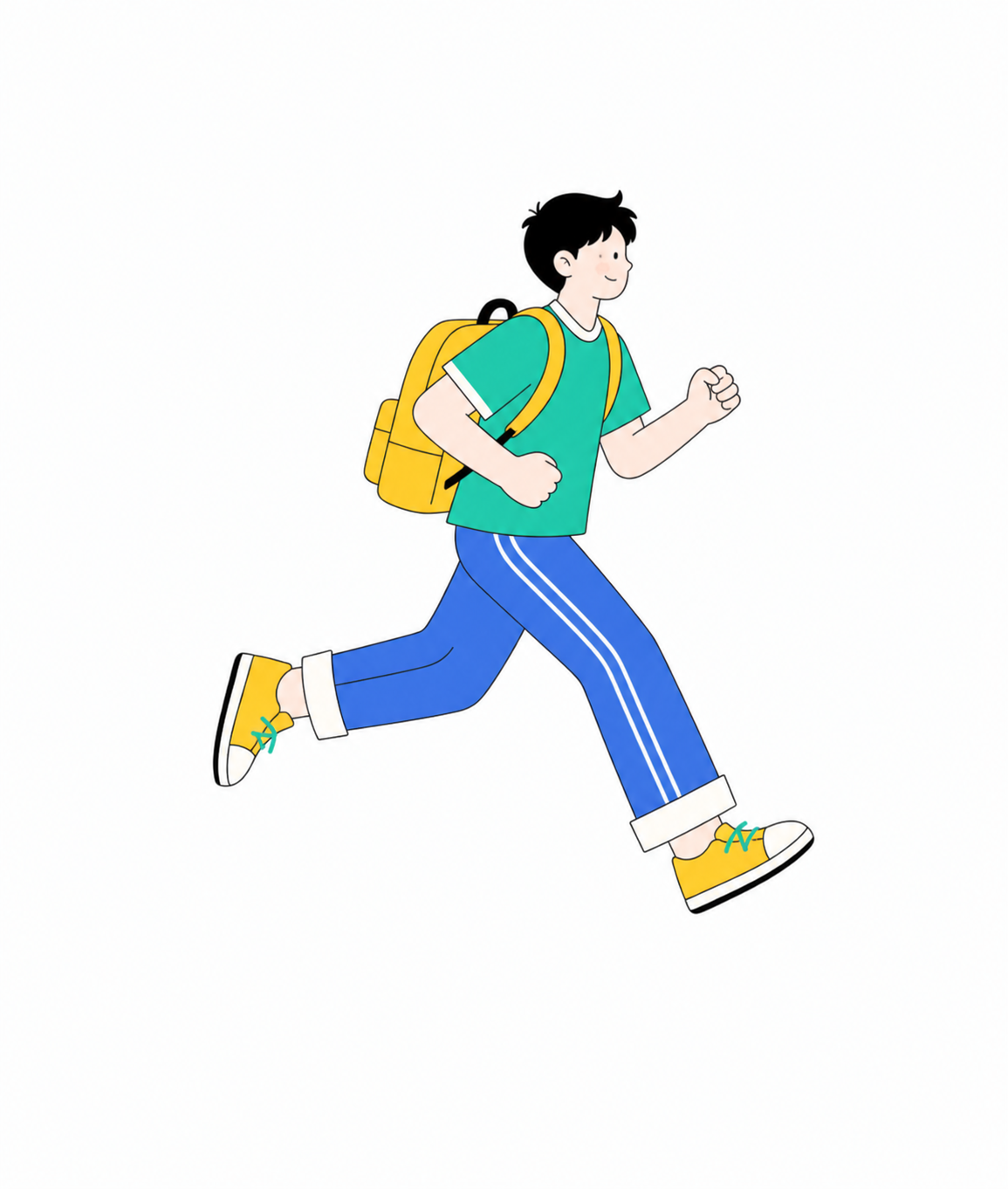 参考提供的扁平线条插画风格，生成正在跑步的男学生，保持黄蓝绿清… - 图片创意预览