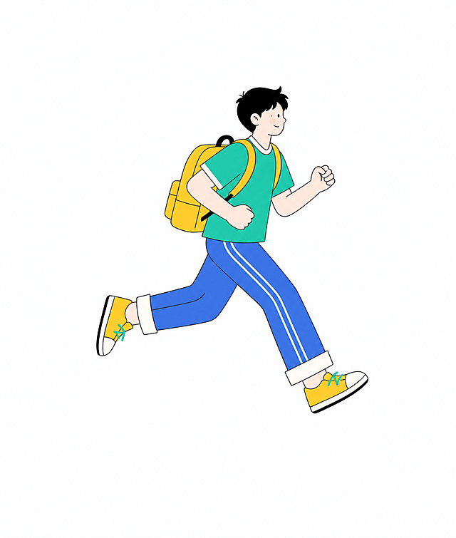 参考提供的扁平线条插画风格，生成正在跑步的男学生，保持黄蓝绿清新撞色搭配，简约描边插画风格