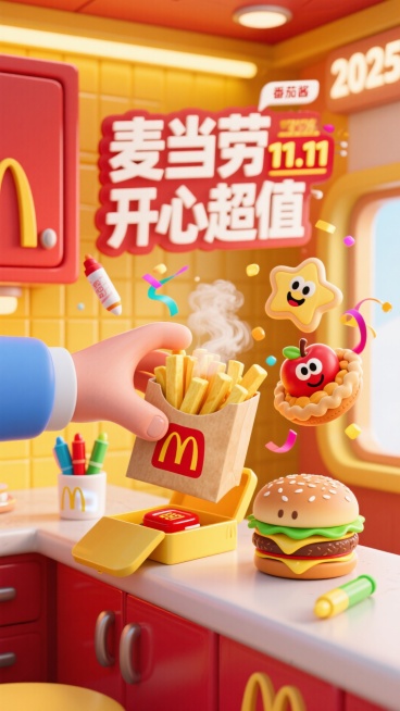 在一个明亮活泼的麦当劳餐厅角落，背景是标志性的红色橱柜与黄色线条。一只手正从一个设计成经典麦当劳外卖纸袋造型的礼盒中，欣喜地取出一份冒着热气的美味薯条。

核心动态：
从薯条盒中迸发出的不是普通物品，预览效果