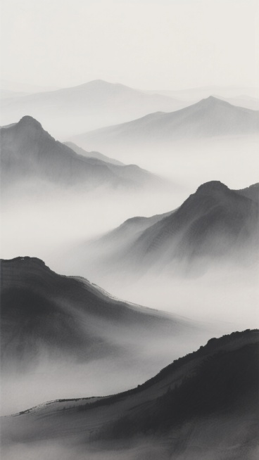 中景远景结合，用细腻的灰度渐变勾勒出若隐若现的山峦轮廓，如轻烟般的淡墨色远山与前景沉稳的深灰形成优雅过渡，似晨雾缭绕中的群峰，简洁笔触尽显禅意留白，营造空灵通透的极简水墨山水空间。预览效果