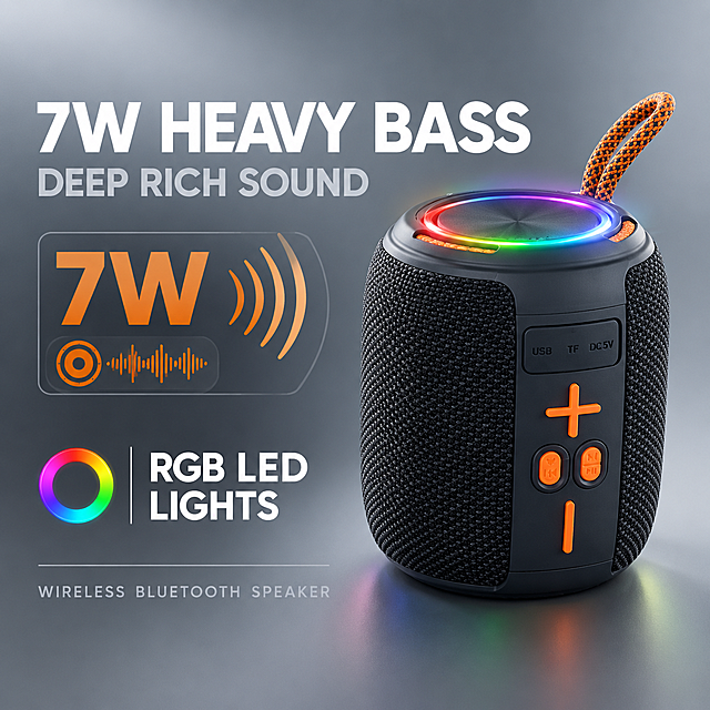 [主图-2] 核心价值卖点图，突出 7W 重低音 + RGB 炫彩灯效两大核心购买理由。
[统一基调] 跨境电商 Amazon 信息图风格，冷灰色渐变背景（浅灰到中灰），科技感克制设计，主标题白色粗体无衬线字，辅助文字浅灰色，强调色用品牌橙色，圆角卡片和图标样式统一。
[画面] 音箱位于画面右侧偏中位置，占比约 50%，正面 30° 视角，顶部 RGB 灯圈呈现多彩渐变发光效果（红橙黄绿蓝紫循环），灯光明亮但不刺眼，底部有柔和投影。左侧为核心卖点区：上方大标题 "7W HEAVY BASS"，下方副标题 "DEEP RICH SOUND"；中部用大号数字 "7W" 突出功率，旁边配低音波纹图形示意；下方第二卖点标题 "RGB LED LIGHTS"，配小型彩色灯环图标；最下方一行小字 "WIRELESS BLUETOOTH SPEAKER"。所有文字均为英文，字体统一为现代无衬线体，层级分明。
[光影质感] 产品融入冷灰科技背景，左上方主光，RGB 灯效有自发光和轻微环境漫反射，织物纹理清晰，按键有高光，整体质感高级。
[配色] 背景冷灰渐变，文字白+浅灰，强调色橙色，RGB 灯效多彩渐变点缀。
[文字版式] 标题最大号粗体，参数数字大号突出，说明文字缩小 50% 以上，左对齐排版，位于负空间不遮挡产品主体。
[输出要求] 1:1 比例，2K 分辨率，文字清晰可读，产品清晰，无变形、无错字、无模糊、无水印、无平台 Logo。