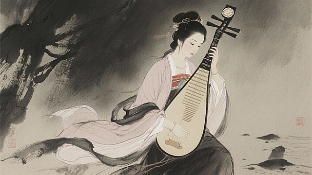 古装女子（杜秋娘）手持琵琶，低头吟唱的侧影，衣袂轻飘