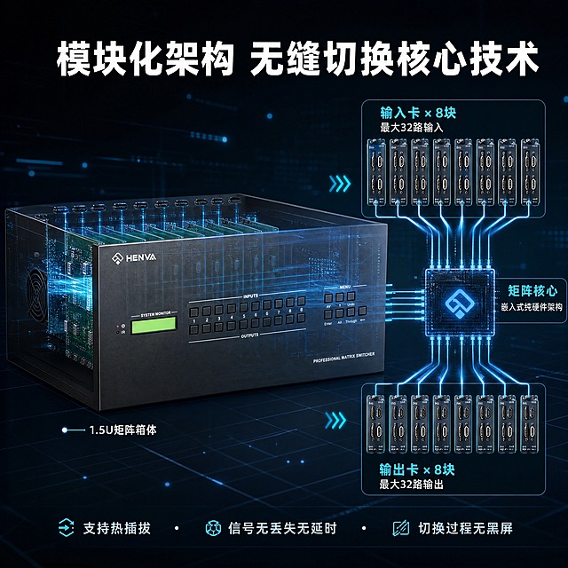 [商品] 使用【图1】高清矩阵HW-MX3232模块化矩阵主机；保留黑色金属机身、HENVA Logo、正面按键布局、整体结构比例；产品做半透明剖面效果示意，展示内部模块化板卡结构（仅示意，不改变外观），增强科技感。
[画面] 第3张·核心技术原理，目标展示模块化架构与无缝切换技术。系统路径型版式：产品位于画面左侧，占画面约40%，正面微侧角度。右侧用发光线条和模块示意图展示内部8块输入卡+8块输出卡的模块化结构，信号从输入→矩阵核心→输出的路径可视化。背景为深色科技空间，有数据流动光效。阅读动线从左产品→中部技术示意→右侧说明。
[视觉] 套系策略：风格=深色科技工业风商业摄影；标题字=现代无衬线粗黑体；正文字=简洁无衬线中黑体；主色=深炭灰蓝；背景延展=基于深炭灰蓝做深浅渐变、科技网格和微光粒子质感；强调色=青蓝色，仅用于小面积图标、引线、标签和发光线条；标题色=纯白色；正文色=浅灰蓝；组件=细线圆角信息卡、发光引线、科技感标签；光影=左前侧冷硬光+右侧轮廓光，产品表面有细腻金属反光。
[文字] 顶部主标题"模块化架构 无缝切换核心技术"，左侧产品旁标注"1.5U矩阵箱体"；右侧技术区分3块说明："输入卡×8块 / 最大32路输入"、"矩阵核心 / 嵌入式纯硬件架构"、"输出卡×8块 / 最大32路输出"，用青蓝色发光箭头连接信号流向。底部小字说明"支持热插拔 · 信号无丢失无延时 · 切换过程无黑屏"。所有文字横向排版。
[规格] 图片比例1:1正方形，4K，medium质量，避免变形、错字、文字过小、产品外观结构改变、虚构内部细节、京东Logo/水印/绝对化用语。