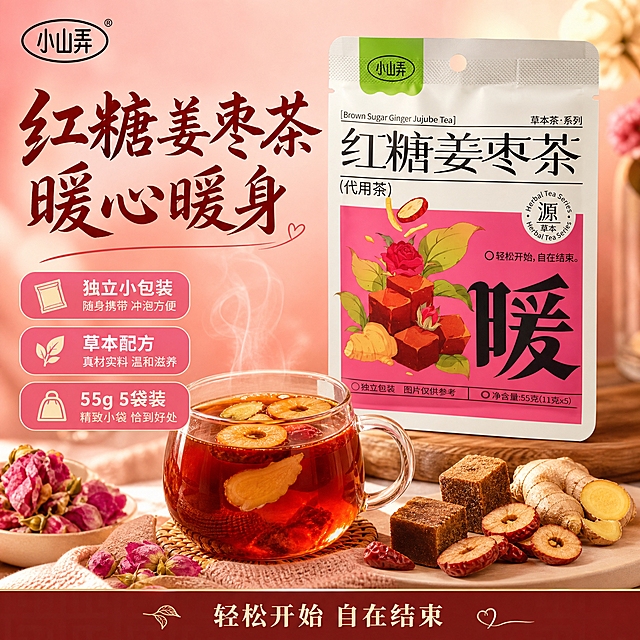 [单张主图] 小山弄红糖姜枣茶 爆款促销感主图 突出暖身养生和独立包装便携，吸引女性养生茶饮消费者。
[画面主体] 小山弄红糖姜枣茶外包装袋为主体，正面完整展示，品牌名、「红糖姜枣茶」大字、粉色插画区域、「暖」字均与输入图一致，产品占画面约50%，居中偏右放置。包装袋前方摆放一杯冲泡好的红糖姜枣茶，杯中茶汤红亮，旁边散落红糖块、姜片和红枣片。
[构图版式] 采用左文右品标签参数型版式。左侧放置主标题和卖点，右侧为产品和冲泡展示，底部放规格信息。
[场景元素] 背景为暖粉色渐变，带有柔和的光晕和蒸汽效果，营造温暖治愈氛围。左下角点缀干玫瑰花、姜片和红糖块作为装饰。底部有一条深红色半透明信息条。
[光影质感] 暖调柔光，茶汤通透有光泽，包装纸质质感真实，蒸汽袅袅上升，整体温暖舒适。
[文案版式] 左上角放置「小山弄」品牌Logo。左上方主标题两行：「红糖姜枣茶」「暖心暖身」，主标题为深红色书法字体，温暖有力。主标题下方排列3个粉色圆角卖点标签：「独立小包装」「草本配方」「55g 5袋装」。底部信息条写「轻松开始 自在结束」。
[配色字体] 主色暖粉色，辅助色深红色和金色，强调色玫红。主标题书法体，辅助文案黑体。
[比例分辨率] 1:1比例，2K分辨率，文字清晰可辨。
[负向提示词] 包装变形、文字错印、茶汤浑浊、背景杂乱、水印、平台Logo、人物面部、医疗暗示