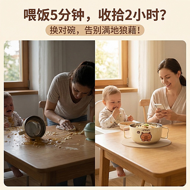 输入图https://gdesign-dam-hz.dancf.com/35909664936545361/5fb65f1a5af34efb9d93b5a2c8d8ba20.jpg，温馨家居风，暖调自然光。画面为左右分屏对比：左侧是旧款普通辅食碗被宝宝掀翻，饭渣撒满原木餐桌，妈妈皱眉收拾的疲惫背影，整体氛围杂乱烦躁；右侧是卡皮巴拉辅食碗牢牢吸在桌面，碗内盛着食物，宝宝坐在餐椅上开心吃饭，妈妈在旁边悠闲刷手机的轻松场景，氛围明快温馨。左右场景光影统一，辅食碗外观与原图完全一致。顶部悬浮棕色粗体无衬线主标题“喂饭5分钟，收拾2小时？”，下方浅棕色副标题“换对碗，告别满地狼藉！”，文字均放置在画面顶部留白处，不遮挡主体。