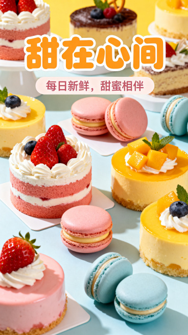 创意甜品店宣传海报，多图融合风格，展示多种精美甜品，包含标题文字"甜在心间"和辅助文字"每日新鲜，甜蜜相伴"，整体风格治愈温馨，色彩明亮吸引人，构图饱满有设计感预览效果