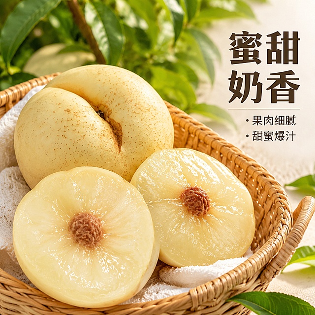 [主图-2] 蒙阴奶油蟠桃产品特点展示，切开展示爆汁果肉。
[氛围风格] 新鲜诱人食欲感，果园实景氛围；
[画质] 商业摄影质感、光线柔和通透、产品清晰真实、画面干净高级；
[画质] 4K超高清，微距细节清晰；
[元素] 保持蒙阴奶油蟠桃奶白色外观特征与输入图片绝对一致，一颗完整蟠桃放在旁边，一颗对半切开展示奶白色果肉，果肉细腻水润，能看到饱满汁水，桃核小，放置在野餐篮里；背景是绿色桃树枝叶自然虚化；商品主体占比约75%，画面干净，产品主次分明；
[光影] 自然暖阳侧逆光，突出果肉水润通透质感，汁水反光，光线柔和自然；
[配色] 奶白果肉，浅棕桃核，深绿背景，配色清新自然；
[视角构图] 俯视45度拍摄，切开果肉为视觉焦点；
[文字版式] 右侧负空间竖向排列文案，大字写“蜜甜奶香”，深棕色粗体；下方小字分点说明：果肉细腻 甜蜜爆汁，深棕色小字号清晰不抢主体；
[比例分辨率] 1:1比例，4K分辨率，文字清晰可辨，超高清；
[负向提示词] 变形，文字错乱，产品图模糊，背景杂乱，水印，电商平台Logo，绝对化违禁词