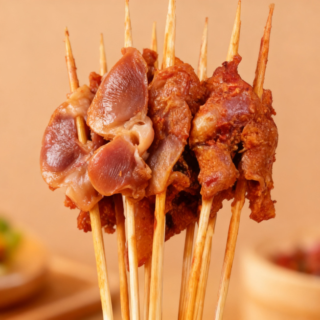 电商主图，鸡胗串，近景特写展现鲜嫩弹牙的肉质纹理，淡棕色温馨美食氛围感场景，高级质感，1:1构图预览效果