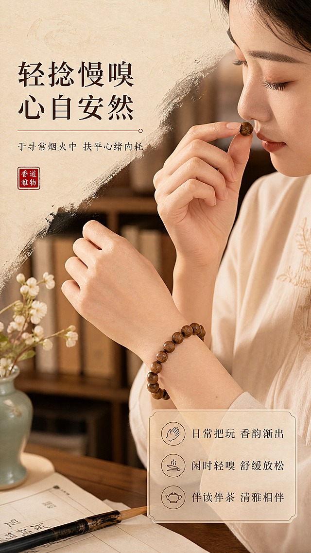 [商品] 使用【图1】棕色圆珠香珠手串；保留珠串结构、棕褐色香珠材质、圆珠形态；佩戴于亚洲女性双手手腕，展示把玩与嗅闻的使用动作。
[画面] 页面目标：佩戴效果特写，展示把玩、嗅闻的使用瞬间与情绪价值。构图：画面中部为女性双手特写，左手佩戴手串，右手轻捻一颗香珠凑近鼻端轻嗅，手指自然优雅，背景是虚化的中式书房：木书架、毛笔、青瓷瓶插小花。主体（手部+手串）占画面55%，前景手部动作、中景手串细节、后景虚化书房。阅读动线：左上标题→中部手部动作→右下体验文案。
[视觉] 套系策略：风格=东方雅致国风商业静物摄影，宋式文人清雅调性；标题字=宋体衬线粗体，古典雅致；正文字=纤细宋体，轻盈舒展；主色=暖棕木色；背景延展=基于米白宣纸+暖棕木色做深浅层级、同色系渐变和细腻纸纹/木纹质感；强调色=朱砂红，仅用于小面积品牌印章、引线和标签点缀；标题色=深棕褐色；正文色=中暖棕色；组件=细线描边信息卡、中式印章元素、细引线；光影=左前侧45度暖柔光，柔和长阴影，逆光勾勒珠体轮廓。
[文字] 左上主标题「轻捻慢嗅 心自安然」，副标题「于寻常烟火中 抚平心绪内耗」，右下3个体验点：「日常把玩 香韵渐出」「闲时轻嗅 舒缓放松」「伴读伴茶 清雅相伴」；文字区不遮挡手串与手部主体，所有文字横排。
[规格] 图片比例9:16竖版，4K分辨率，负向提示：避免变形、错字、文字过小、冷蓝/冷灰背景、珠串颜色改变、手部姿势僵硬、医疗功效表述、治疗类承诺、绝对化用语。