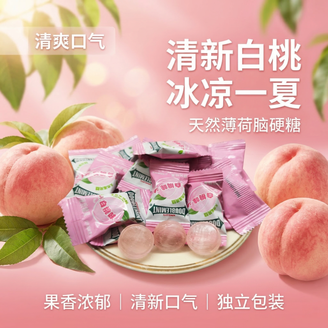 1. 白桃薄荷糖主图首图，清新夏日场景，粉嫩水蜜桃搭配透亮糖块，自然暖阳逆光，通透质感食欲拉满，产品居中展示，粉色渐变背景搭配新鲜桃子叶片点缀，背景全屏无边框。
主文案 "清新白桃 冰凉一夏"，副标题预览效果