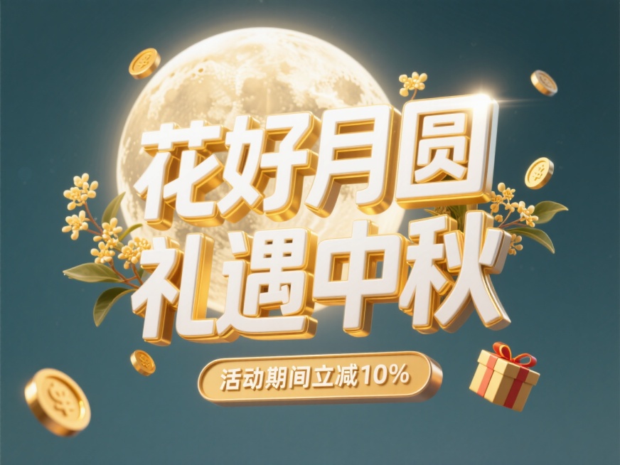 大标题“花好月圆 礼遇中秋”（白色字金色边）底部悬浮副标题""活动期间立减10%""周围漂浮着金币与礼品盒，字体后面有一个超级大月亮，周围点缀桂花元素，暖金色调，纯色背景预览效果